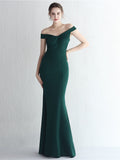 Off-Shoulder Forest Green Sleek Silhouette Evening Dress