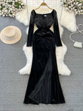 Regal Velvet Evening Gown with Beaded Sleeves and Slit