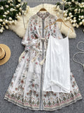 Waist Tie Full-Length Sleeves Floral Maxi Dress