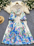 Long Sleeves Waist Tie Floral Print Maxi Dress