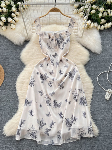 Elegant Ivory Butterfly Print Summer Dress