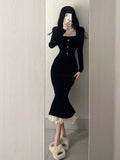 Pearl Button Lace Hem Black Midi Dress
