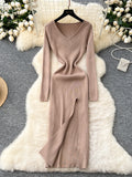 Flattering V-Neck Slit Vibrant Orange Knit Dress