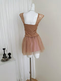 V Neck Sheer Mesh Sleeveless Top Ruched Skirt