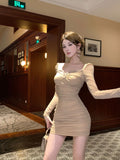 Pure square neck gauze long sleeve nail drill slim dress
