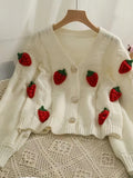 Embroidered Strawberry Crochet Long-sleeved Knitted Cardigan