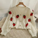 Embroidered Strawberry Crochet Long-sleeved Knitted Cardigan