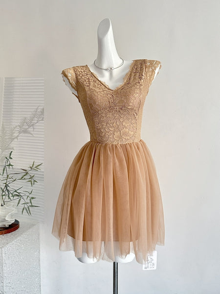 Exquisite Lace V Neck Tulle Mini Dress