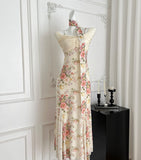 Ruched Bodice Sash One Shoulder Floral Print Maxi Dress