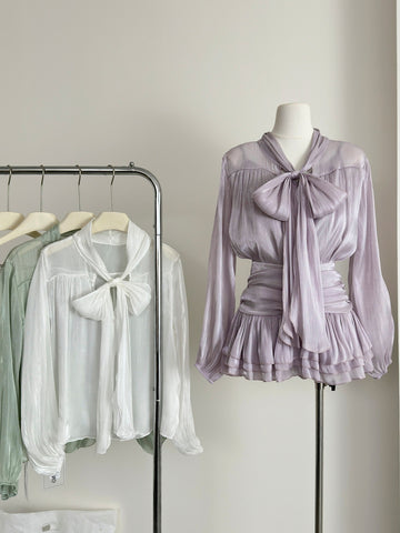 Purple 3 Piece Sheer Long  Sleeve Blouse With Skirt