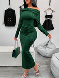 Red Off-Shoulder Ribbed Knit Midi Dress