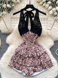 Black Lace Pink Leopard Stylish Halter Romper