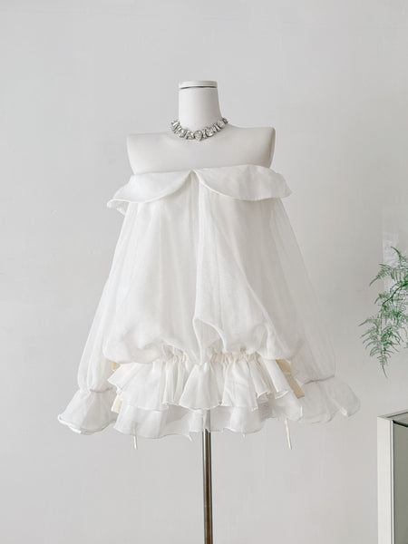 Ruffled Hem Fairycore White Off  Shoulder Organza Dress