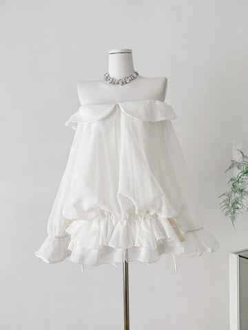 Ruffled Hem Fairycore White Off  Shoulder Organza Dress