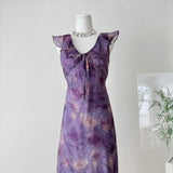 Floral Print Ruffled Purple Midi Dress