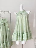 Floral Neckline Mint Green Halter Dress