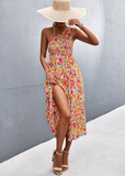 sexy diagonal shoulder floral print dress