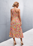 sexy diagonal shoulder floral print dress