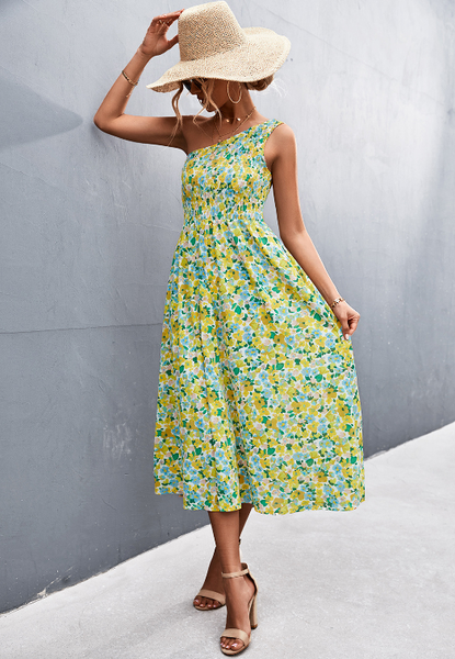 sexy diagonal shoulder floral print dress