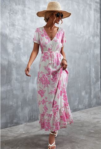 V-neck button waist tie printed dress