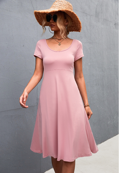 Solid color round neck slim mid-length dress