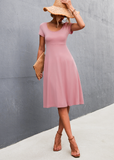 Solid color round neck slim mid-length dress