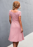 Solid color round neck slim mid-length dress