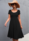 Solid color round neck slim mid-length dress