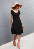 Solid color round neck slim mid-length dress