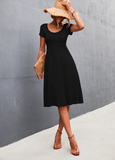 Solid color round neck slim mid-length dress