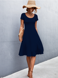 Solid color round neck slim mid-length dress