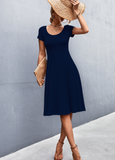 Solid color round neck slim mid-length dress