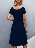 Solid color round neck slim mid-length dress