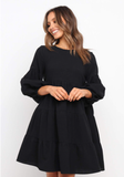 cotton and linen lantern sleeves long sleeve stitching loose swing dress