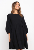 cotton and linen lantern sleeves long sleeve stitching loose swing dress