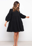 cotton and linen lantern sleeves long sleeve stitching loose swing dress