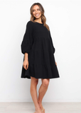 cotton and linen lantern sleeves long sleeve stitching loose swing dress