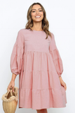 cotton and linen lantern sleeves long sleeve stitching loose swing dress