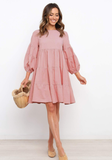 cotton and linen lantern sleeves long sleeve stitching loose swing dress