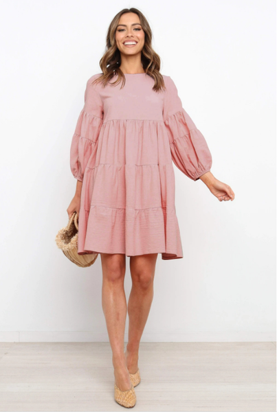 cotton and linen lantern sleeves long sleeve stitching loose swing dress