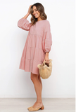 cotton and linen lantern sleeves long sleeve stitching loose swing dress