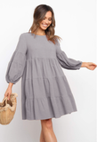 cotton and linen lantern sleeves long sleeve stitching loose swing dress