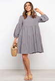 cotton and linen lantern sleeves long sleeve stitching loose swing dress