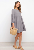 cotton and linen lantern sleeves long sleeve stitching loose swing dress