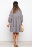 cotton and linen lantern sleeves long sleeve stitching loose swing dress