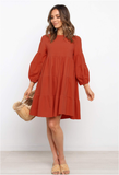 cotton and linen lantern sleeves long sleeve stitching loose swing dress