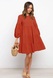 cotton and linen lantern sleeves long sleeve stitching loose swing dress