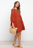 cotton and linen lantern sleeves long sleeve stitching loose swing dress