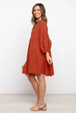 cotton and linen lantern sleeves long sleeve stitching loose swing dress
