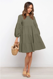 cotton and linen lantern sleeves long sleeve stitching loose swing dress